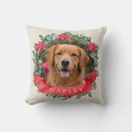 Cojín Decorativo Foto de perro y nombre Corona de poinsettia Plaid 