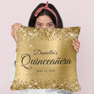Cojín Decorativo Foto de Quinceañera Glam Glittery Gold