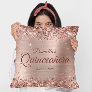 Cojín Decorativo Foto de Quinceañera Glamurosa con Rosa Dorado Bril