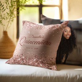 Cojín Decorativo Foto de Quinceañera Glamurosa con Rosa Dorado Bril