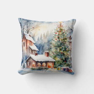 Cojín Decorativo Foto del pueblo de Navidad en árbol de Navidad