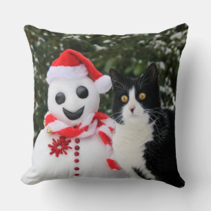 Cojín Decorativo Foto divertida de gato y Navidades de Santa Snowma