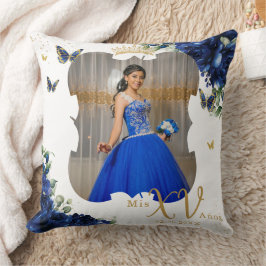 Cojín Decorativo Foto floral real azul Rosa Quinceañera Memento