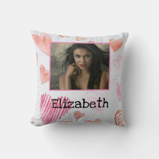 Cojín Decorativo Foto moderna Nombre acuarela Corazón blanco rosado