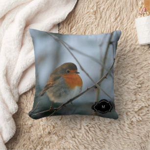 Cojín Decorativo Foto monogramada de pájaro pecho rojo Robin lindo