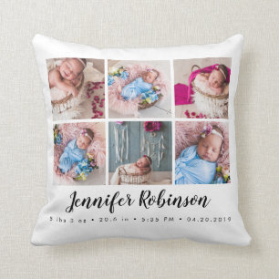 Cojín Decorativo Foto Monogramed Birth Stat White