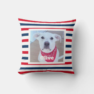 Cojín Decorativo Foto Patriótica de Perro Adorable con Rayas Rojas