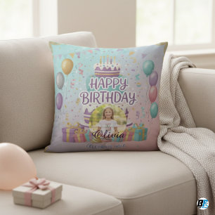 Cojín Decorativo Foto personalizada de cumpleaños feliz, nombre per