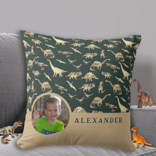 Cojín Decorativo Foto Personalizada de Dinosaurio y Nombre Verde