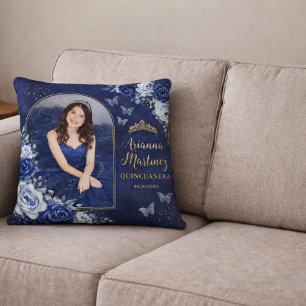 Cojín Decorativo Foto Personalizada Dulces 16 Quinceañera Azul Real