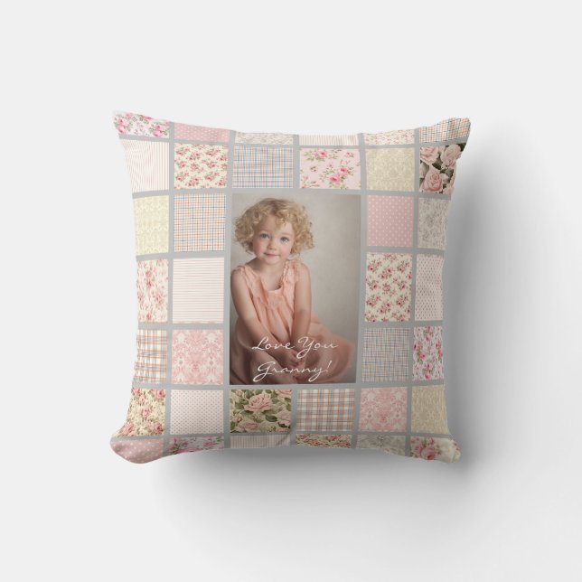 Cojín Decorativo Foto personalizado Pink & Grey Patchwork (Anverso)