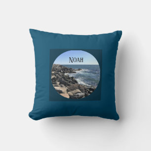 Cojín Decorativo Foto Redonda del Litoral Oceánico Azul Oscuro Nomb