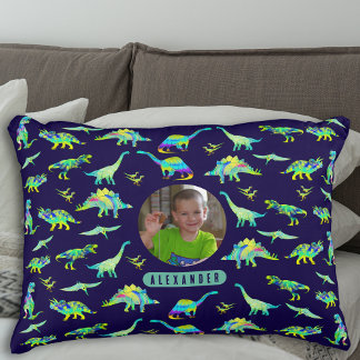 Cojín Decorativo Fotografía y nombre de los niños con dinosaurios p