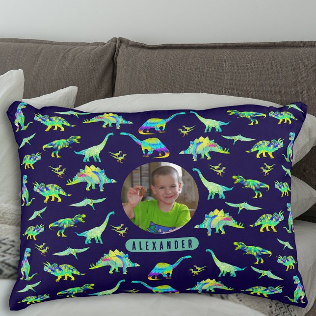 Cojín Decorativo Fotografía y nombre de los niños con dinosaurios p (Colorful dinosaur pattern personalized name and photo boys navy blue and green pillow)