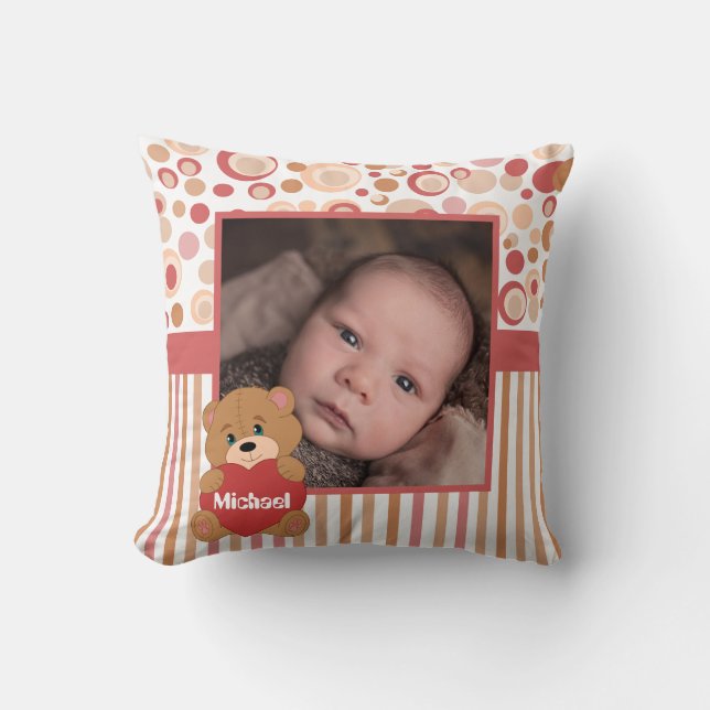 Cojín Decorativo Fotograma de osito de peluche y rayas para niños (Anverso)