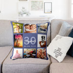 Cojín Decorativo Fotomontaje de fotos azul oscuro de cumpleaños<br><div class="desc">Un regalo único para un cumpleaños número 50 (o cualquier edad) de las mujeres, celebrando su vida con un collage de 8 fotos, fotos propias. Personalice y añada su nombre, edad 50 y fecha. Un fondo azul oscuro de moda. El nombre está escrito con una escritura de estilo con letras...</div>