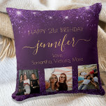Cojín Decorativo Fotos de cumpleaños mejor amigo nombres púrpura BF<br><div class="desc">Un regalo de los amigos por el cumpleaños 21 de una mujer, celebrando su vida con 3 de sus fotos de ella, sus amigos, familia, interés o mascotas. Personalice y agregue su nombre, edad 21 y sus nombres. Letras de colores dorados. Un color de fondo púrpura femenino de moda. El...</div>