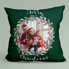 Cojín Decorativo Fotos de la familia Feliz Navidad Green