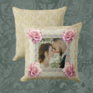 Cojín Decorativo Fotos de rosas de encaje damasco Vintage desvaído 