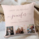 Cojín Decorativo Fotos del rosa personalizado de cumpleaños amigos<br><div class="desc">Un regalo de los amigos por el cumpleaños 21 de una mujer, celebrando su vida con 3 de sus fotos de ella, sus amigos, familia, interés o mascotas. Personalice y agregue su nombre, edad 21 y sus nombres. Letras de color oro rosa oscuro. Dorado rosa de moda y alegre color...</div>