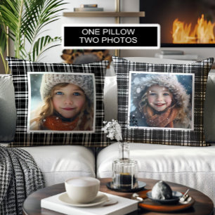 Cojín Decorativo Fotos Personalizadas Cuadro de Plaid Búfalo Negro