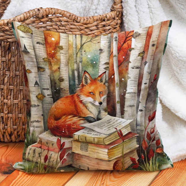Cojín Decorativo Fox de cosecha rústica: libros Woodland otoño (Fox and books woodland decorator pillow)
