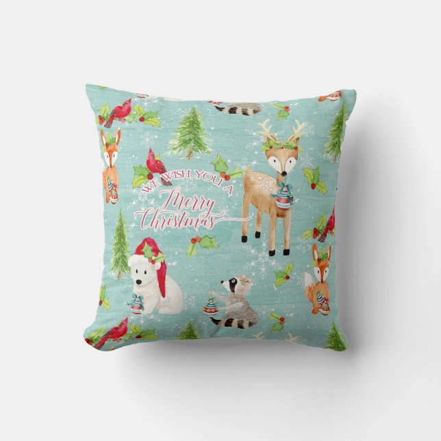 Cojín Decorativo Fox Deer Bear Bird Nordic Merry Christmas Wood Art (Anverso)