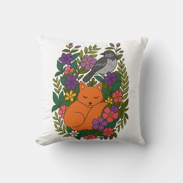 Cojín Decorativo Fox, paloma y flores (Anverso)