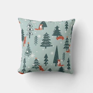 Cojín Decorativo Foxes, abetos, invierno, patrón colorido