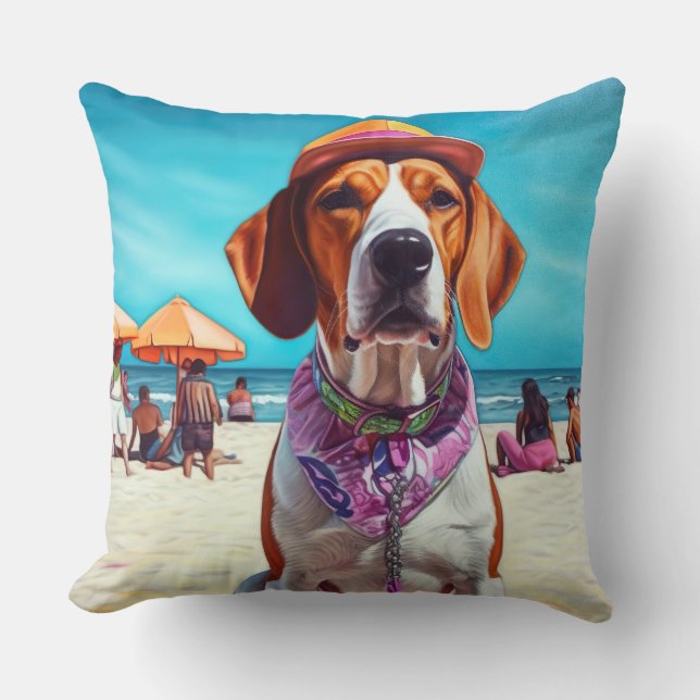 Cojín Decorativo Foxhound inglés americano en la playa, regalo de v (Anverso)