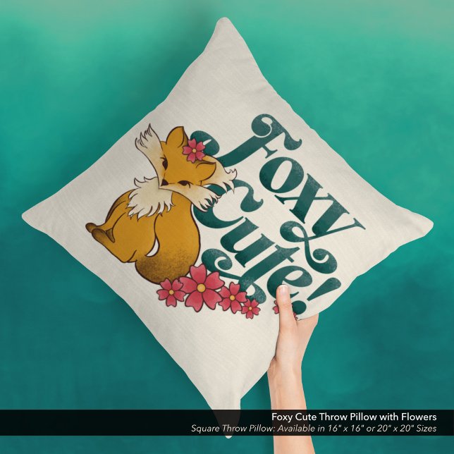 Cojín Decorativo Foxy Cute con flores (Foxy Cute Square Throw Pillow with Hand Drawn Fox and Flower Arwork.)