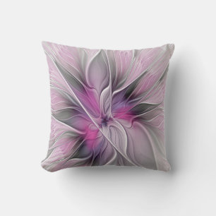 Cojín Decorativo Fractal Floral Moderno Abstracto Flor Rosa Gris