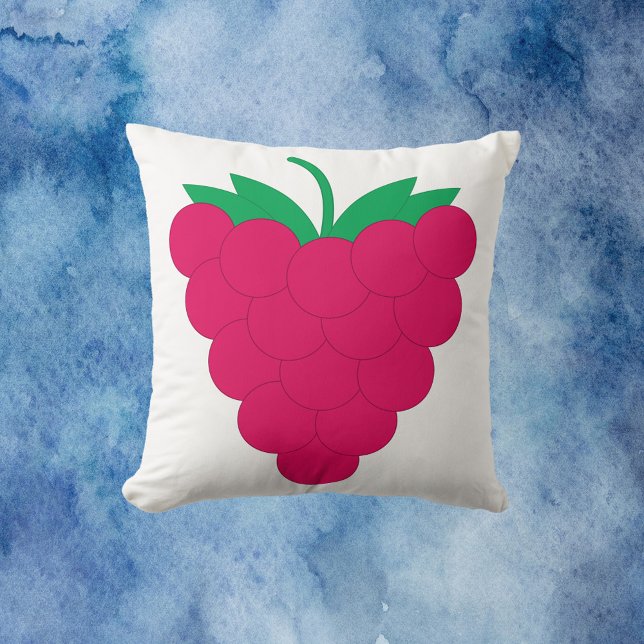 Cojín Decorativo Frambuesa rosa fruta baya (A throw pillow with a graphic of a pink raspberry with a green stem.)