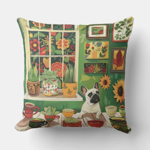 Cojín Decorativo Frenchie en la sala de té del jardín boho