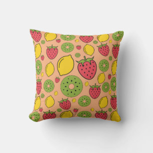 Cojín Decorativo Fresa, limón y kiwi fondo de papel tapiz