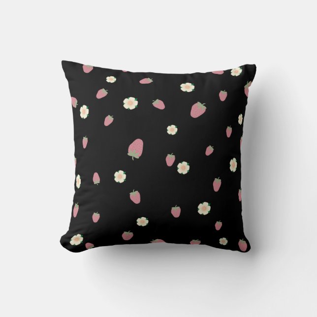 Cojín Decorativo Fresas y flores Patrón negro (Anverso)