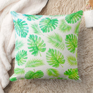 Cojín Decorativo Frescas hojas de Monstera y palmeras en acuarela