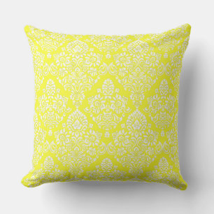 Cojín Decorativo Fresco Patrón de Damasco Blanco Amarillo Moderno y