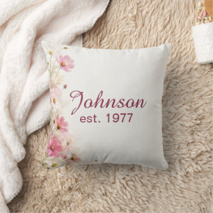 Cojín Decorativo Frontera de Cosmos Rosa y Blanco con Nombre
