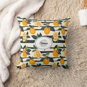 Cojín Decorativo Fruta cítrica botánica con rayas negras y crema