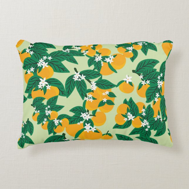Cojín Decorativo fruta naranja: patrón de cosecha verde. (Anverso)
