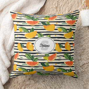Cojín Decorativo Fruta Tropical en Rayas Amarillas Naranjas Rosas y