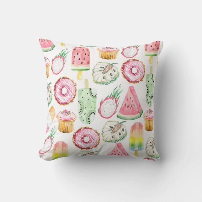 Cojín Decorativo Frutas tropicales acuáticas, patrón de helados. (Anverso)