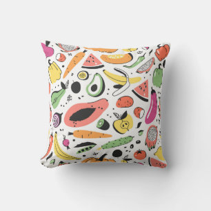 Cojín Decorativo Frutas, verduras dibujadas a mano.