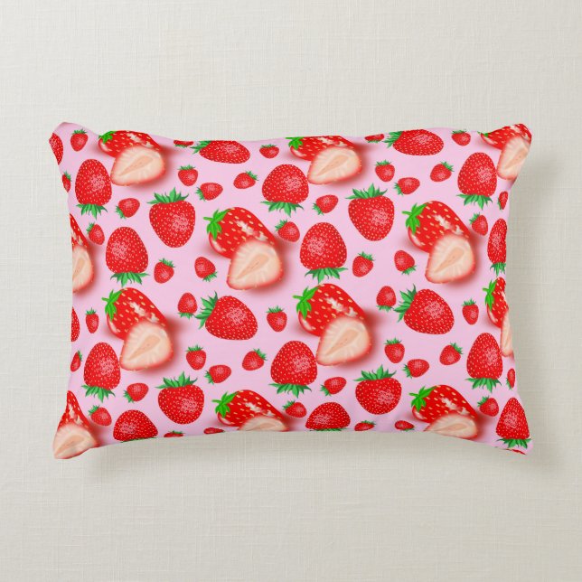 Cojín Decorativo Frutos de fresa en el diseño de patrones rosados (Anverso)