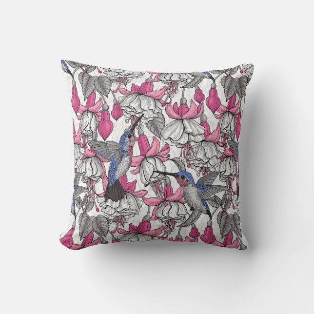 Cojín Decorativo Fuchsia blanca y colibríes (Anverso)