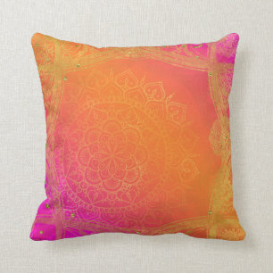 Cojín Decorativo Fucsia Rosa Naranja y Dorado Glam Mandala Hindú