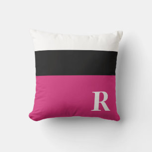 Cojín Decorativo Fucsia Rosa Negro y Blanco Bloque de Color Monogra