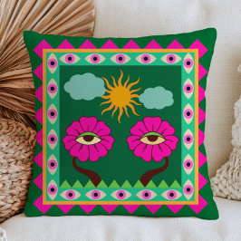 Cojín Decorativo Fucsia Rosa y Verde Esmeralda Ojos Malvados Funky