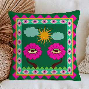Cojín Decorativo Fucsia Rosa y Verde Esmeralda Ojos Malvados Funky